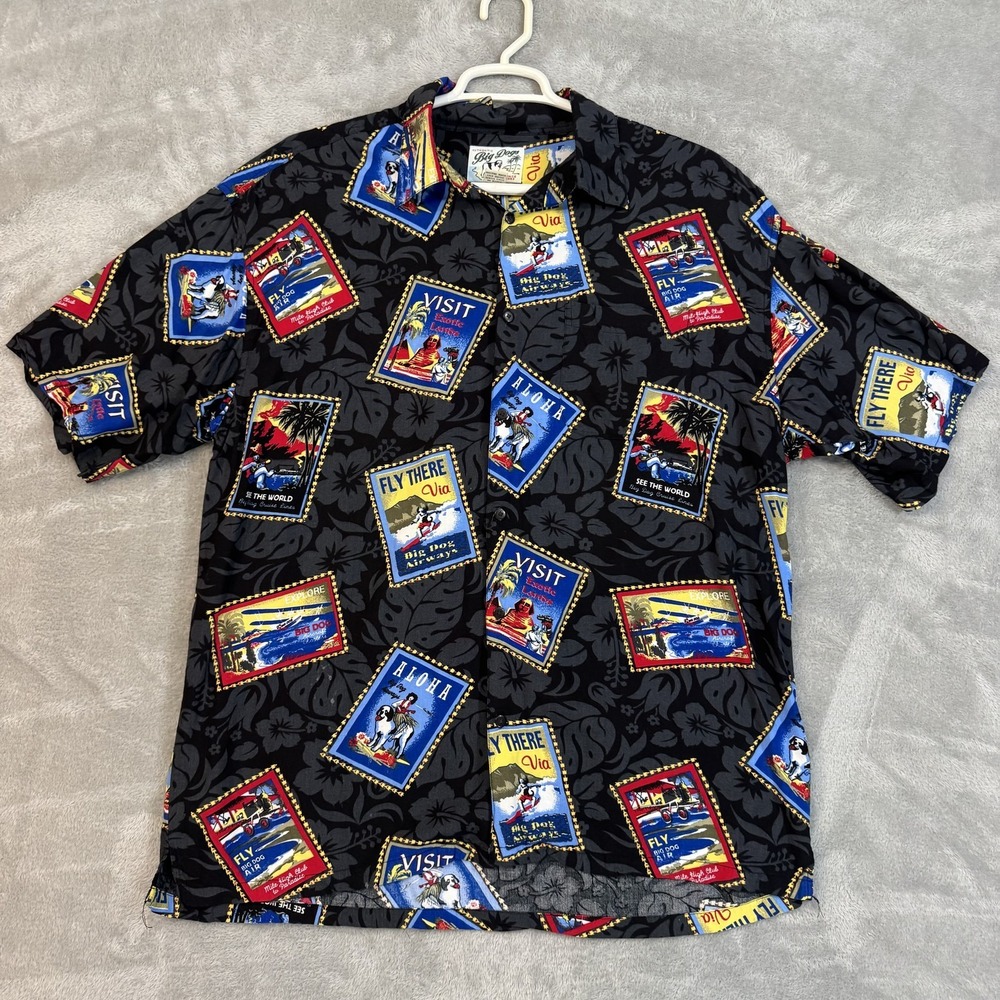 Big Dogs Shirt Mens XL Black Colorful Hawaiian Aloha Travel Rayon 90s Dad AOP